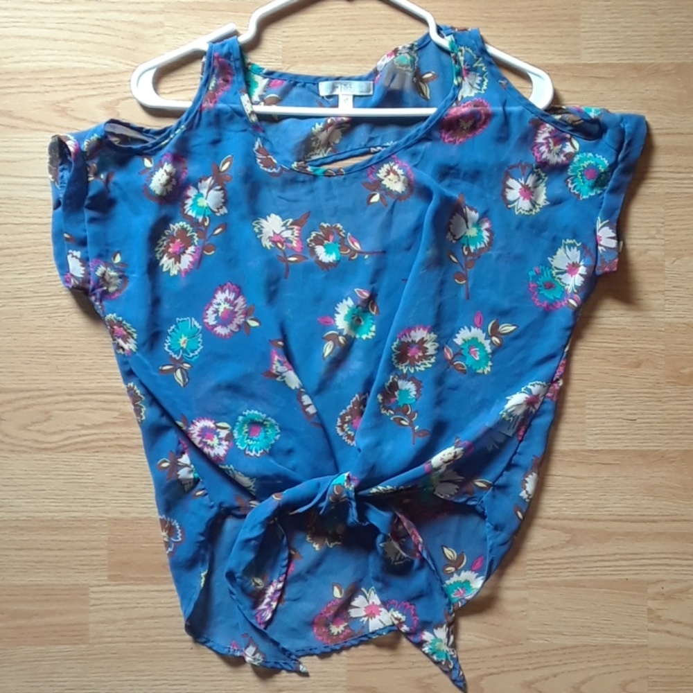 Open shoulder knot tie sheer blouse